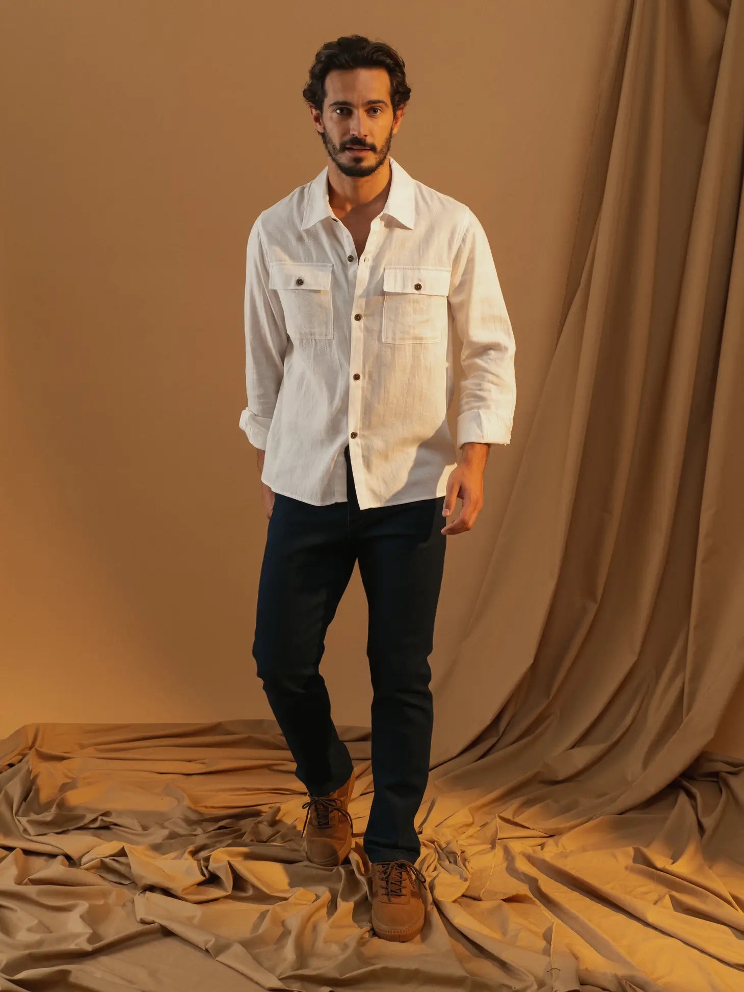 Faire,SMF, SMF White Linen Blend Long Sleeve Overshirt, Tan, Small-41-TagS