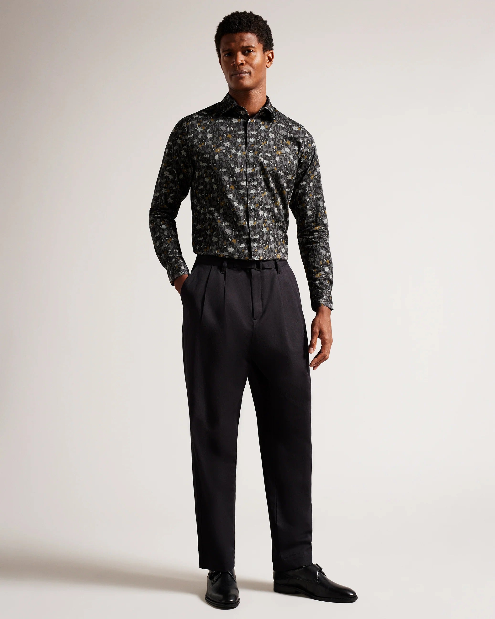 Other,Ted Baker, Ted Baker Grey/Black Floral Print Torted Woven Shirt, Grey, Medium-44-TagM