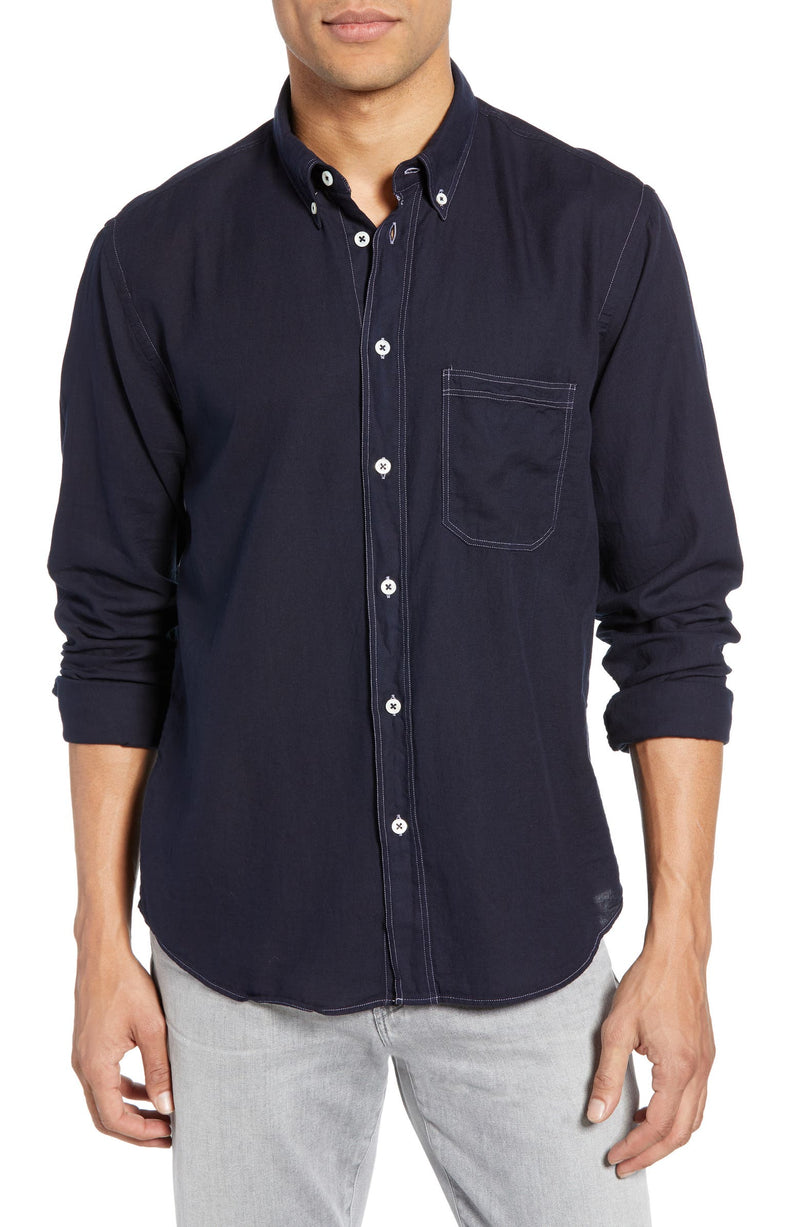 Billy Reid White Contrast Stitch Navy Button Up Shirt