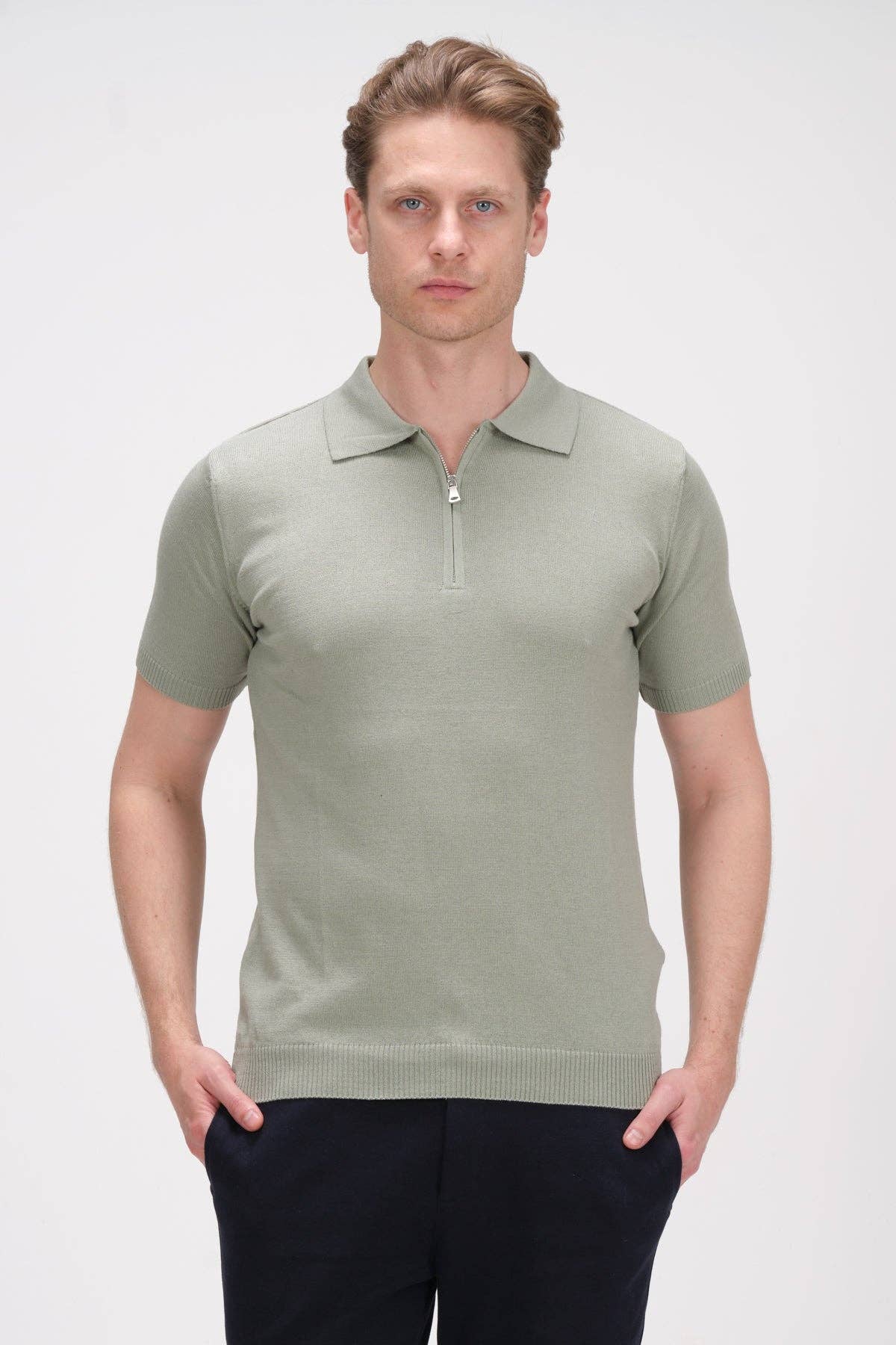 Faire,Ron Tomson, RNT 23 Green Zip Collar Short Sleeve Knit Polo, Green, Small-38-TagS