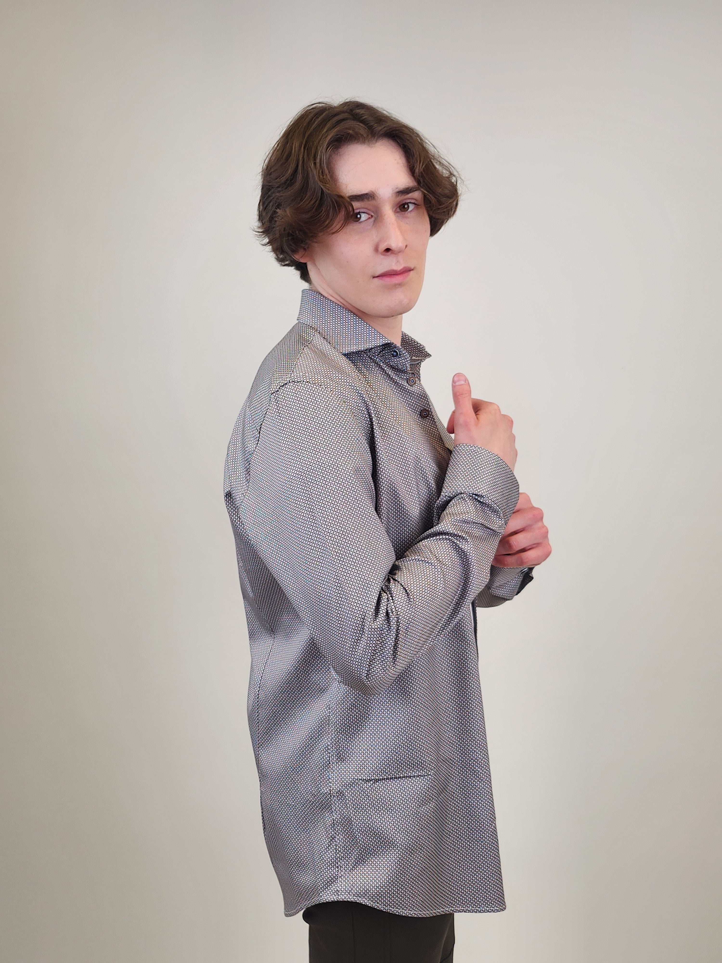 Brand Partner,R2 Amsterdam, R2 Amsterdam Brown Geo Stretch Shirt, Brown, Medium-41-Tag39