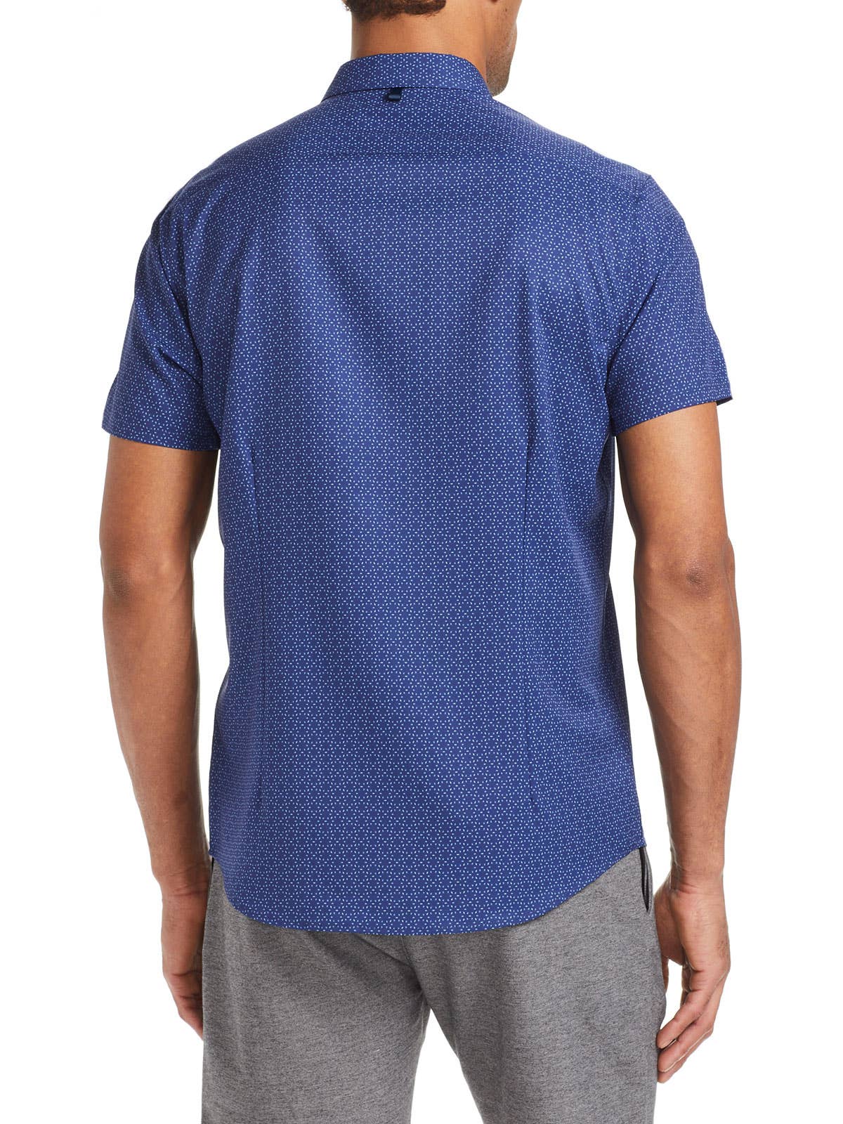 Faire,W.R.K., W.R.K Blue Geometric Print 4-Way Stretch Short Sleeve Button Up Shirt, Blue, Large-44-TagL