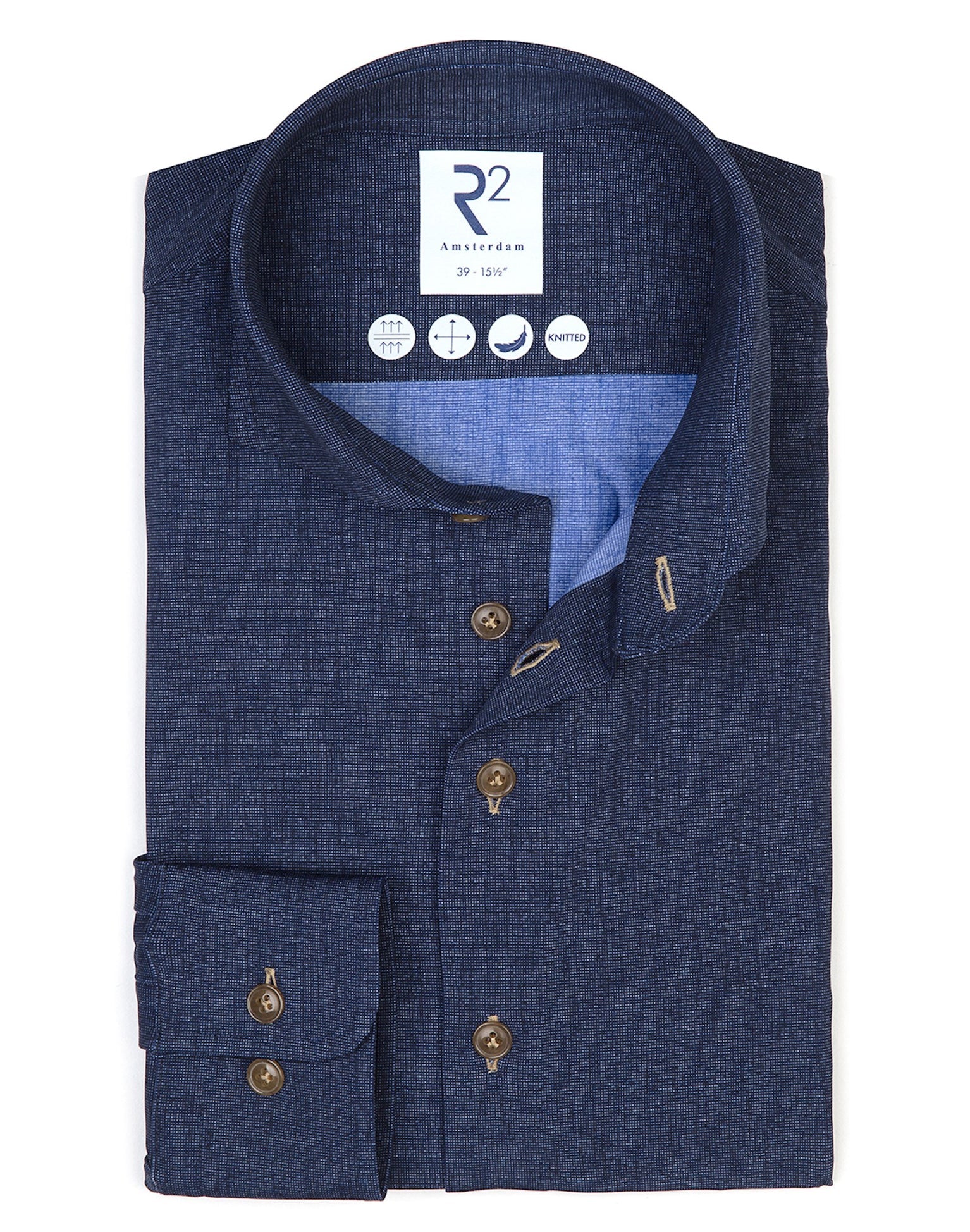 Brand Partner,R2 Amsterdam, R2 Amsterdam Navy 4-Way Stretch Knitted Shirt, Blue, Large-45-Tag43Large-44-Tag41