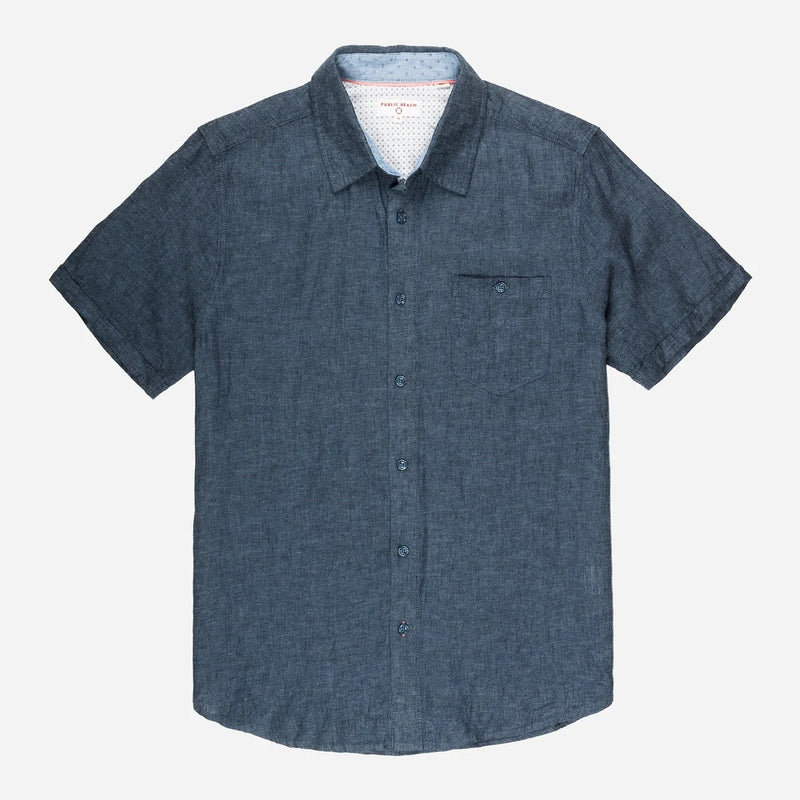 Public Beach Indigo Linen Blend Short Sleeve Shirt with Contrasting Inner Placket