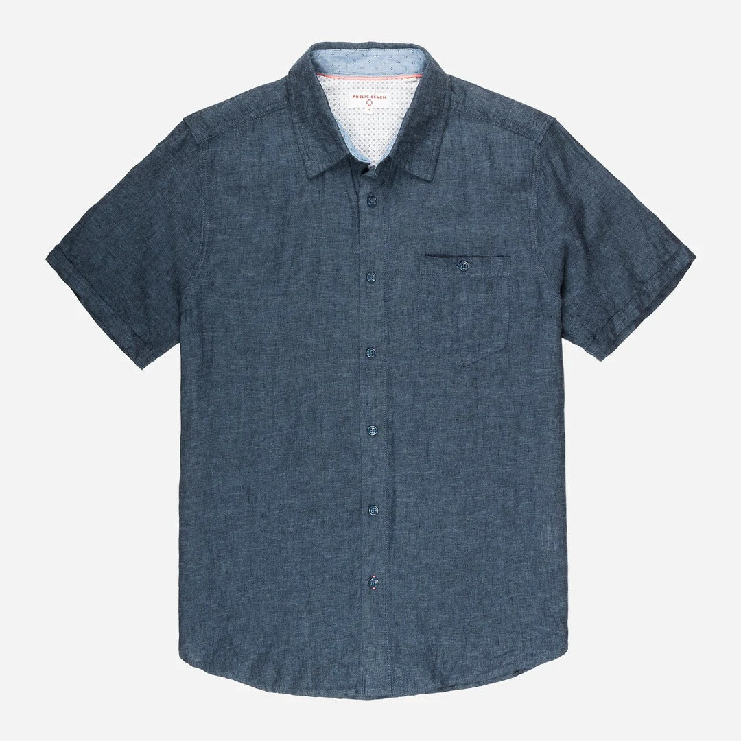 Wholesale,Public Beach, Public Beach Indigo Linen Blend Short Sleeve Shirt with Contrasting Inner Placket, Blue, Large-46-TagL
