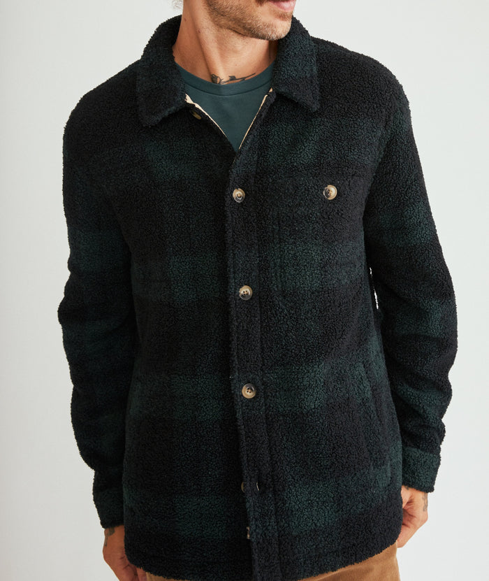 Wholesale,Marine Layer, Marine Layer Green/Black Plaid Long Sleeve Sherpa Shacket, Green, Large-47-TagL