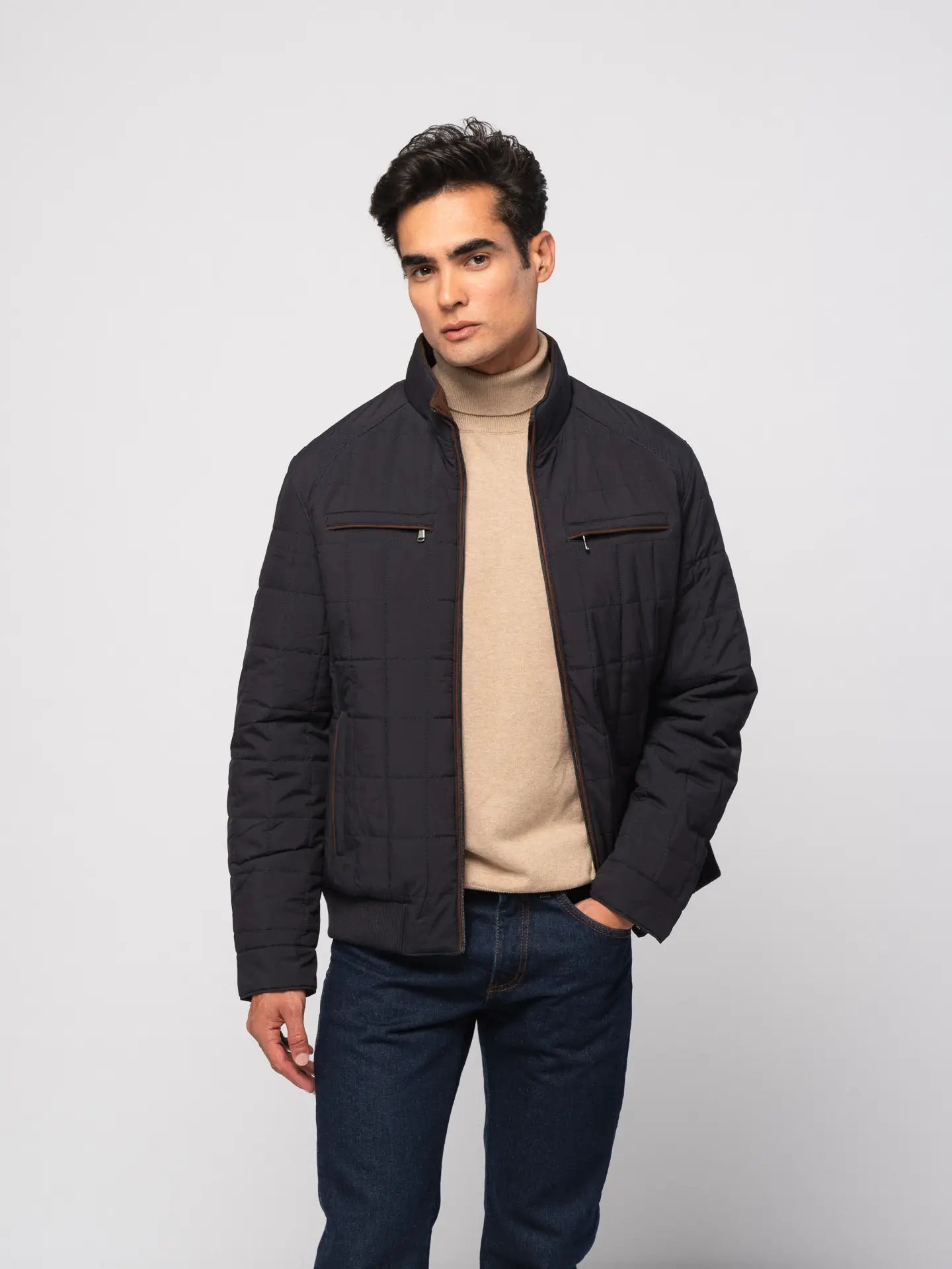 Faire,SMF, SMF Navy Quilted Grid Puffer Zip Up Jacket With Four Front Pockets, Blue, Large-48-TagLMedium-46-TagM