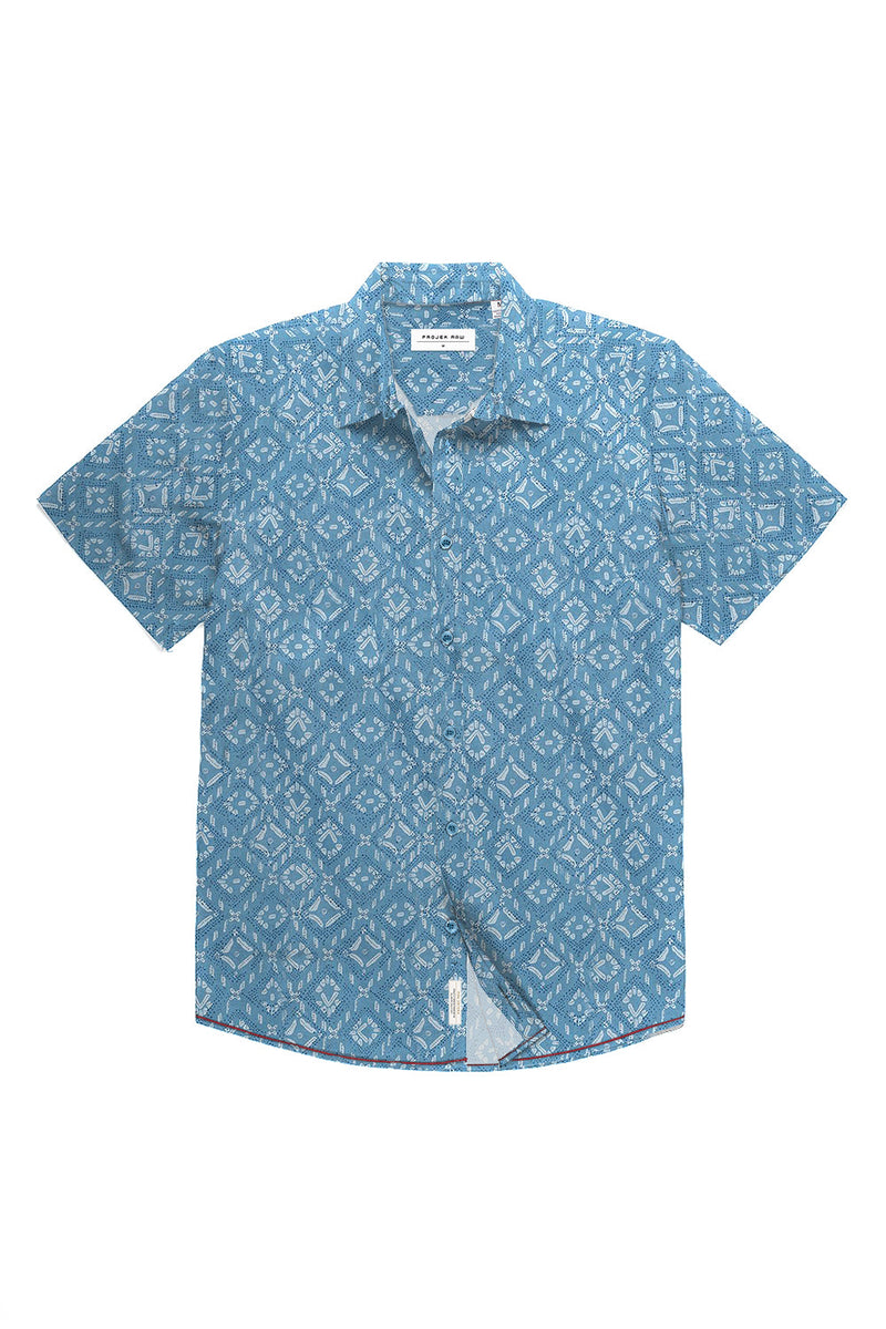 Projek Raw Blue 4 Way Stretch Geo Print Short Sleeve Button Up Shirt