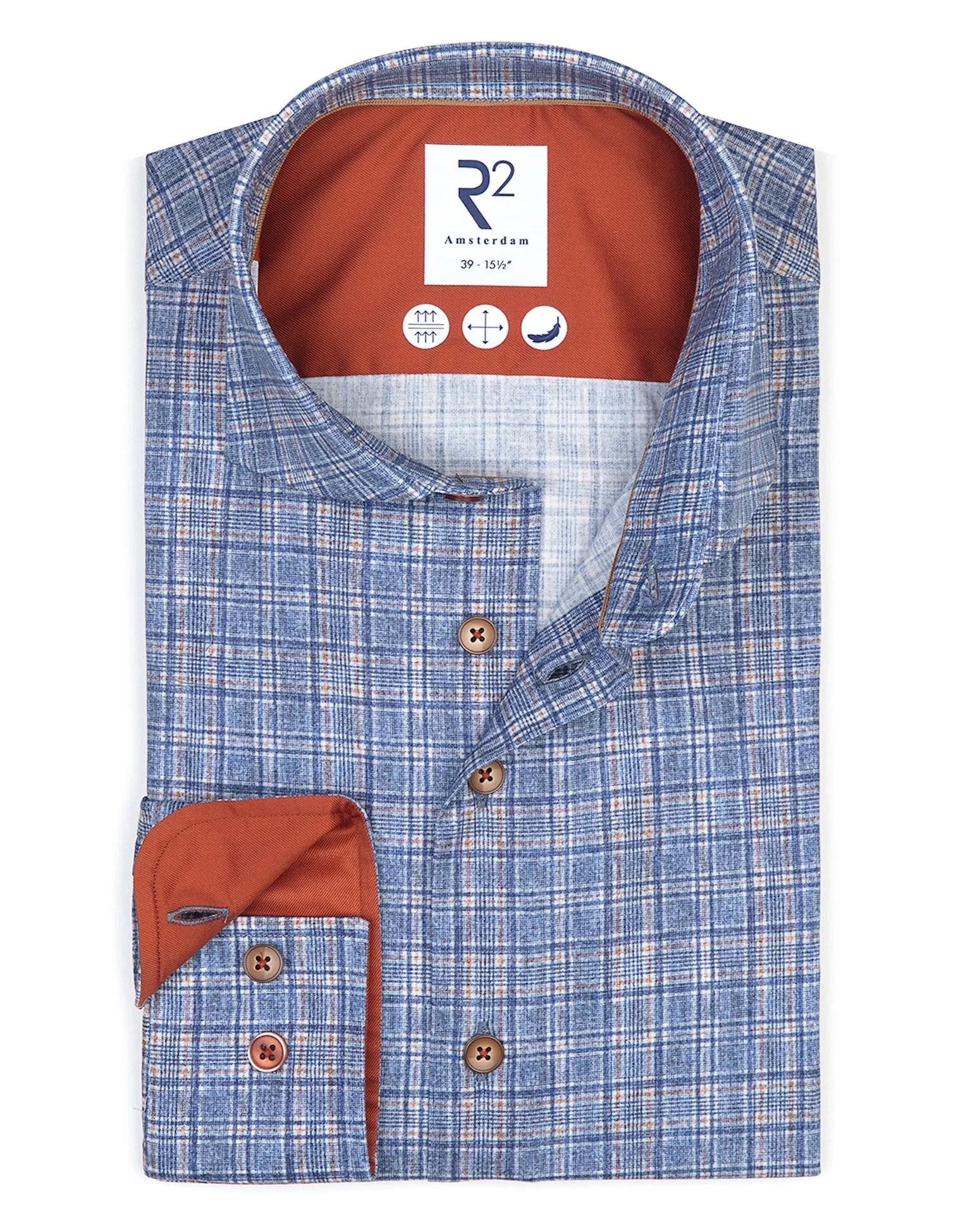 Brand Partner,R2 Amsterdam, R2 Amsterdam Blue Checkered Stretch Long Sleeve Button Up Shirt, Blue, Small-41-Tag39