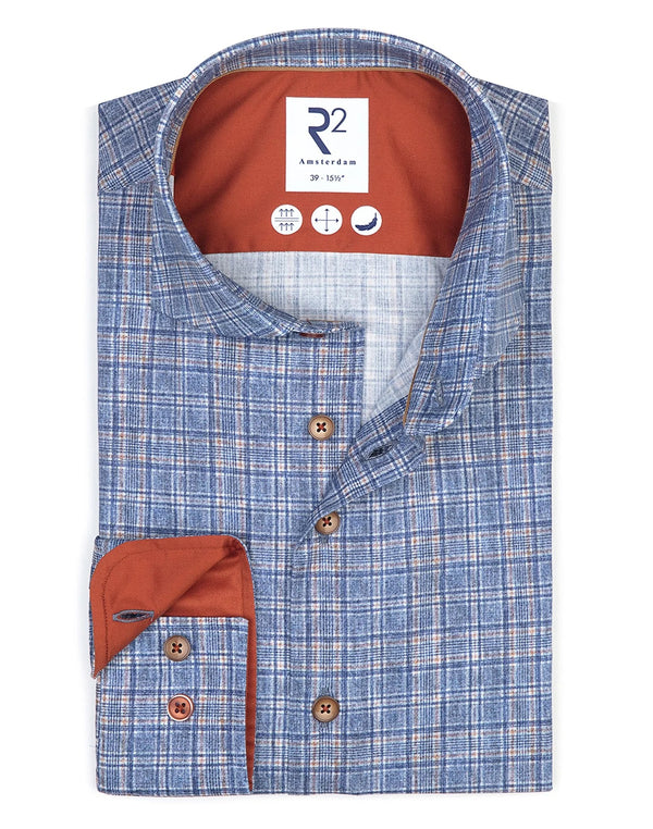 R2 Amsterdam Blue Checkered Stretch Long Sleeve Button Up Shirt