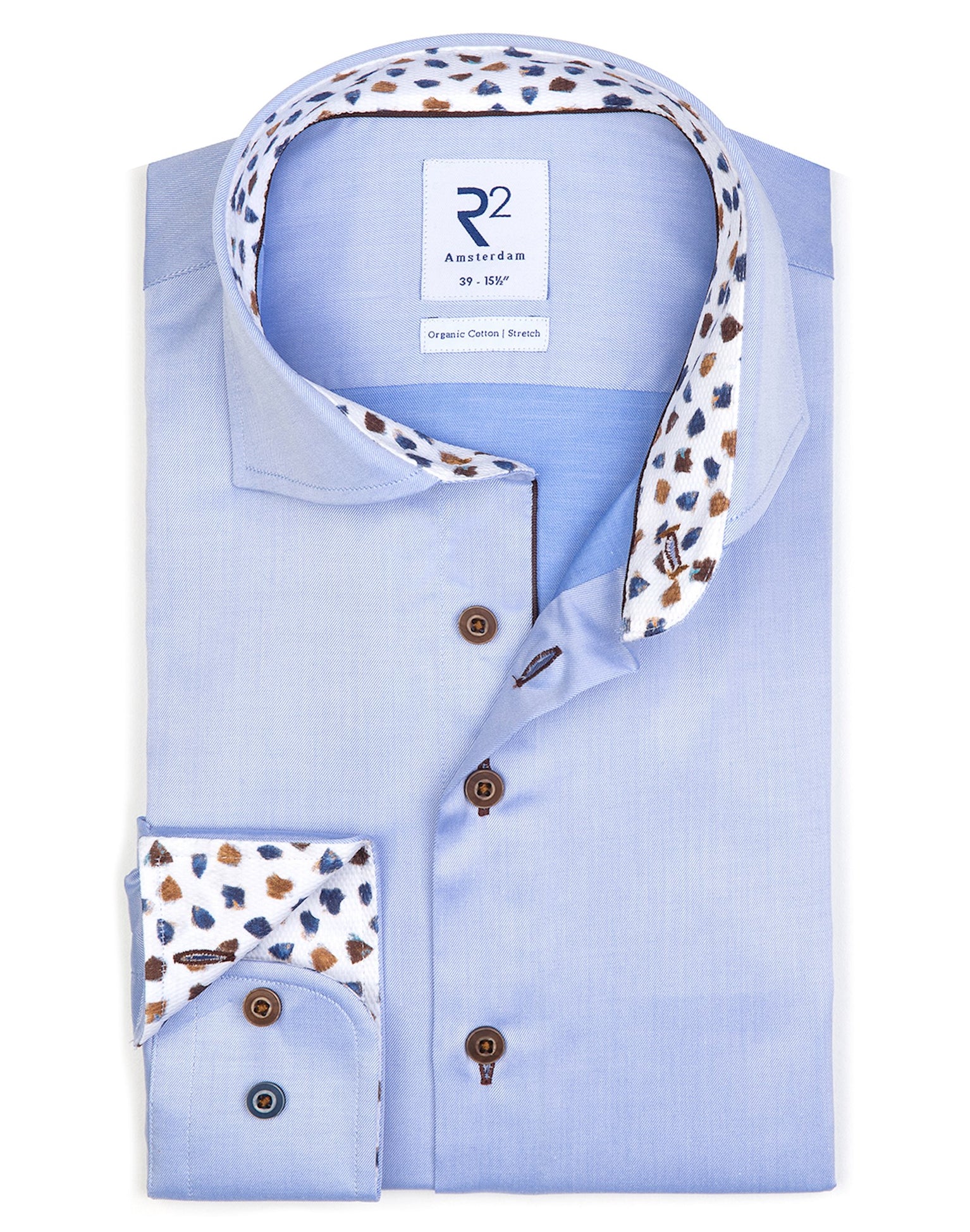 Brand Partner,R2 Amsterdam, R2 Amsterdam Light Blue 2 PLY Long Sleeve Button Up Shirt with Blue and Beige Print Contrast, Blue, Small-40-Tag38