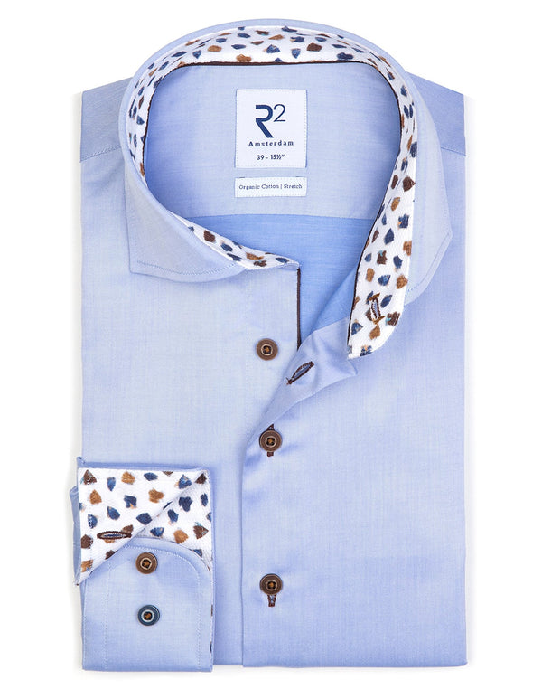 R2 Amsterdam Light Blue 2 PLY Long Sleeve Button Up Shirt with Blue and Beige Print Contrast
