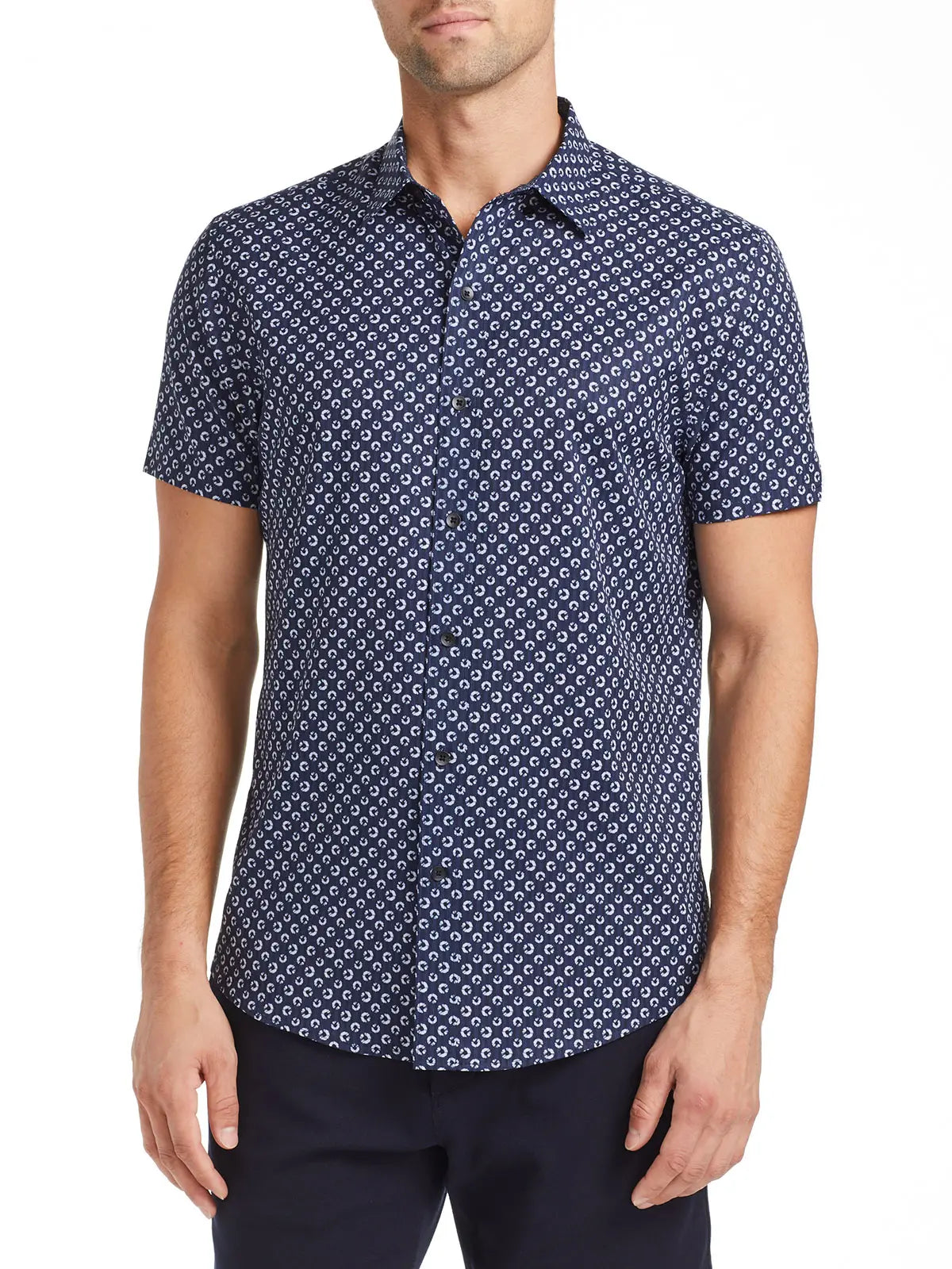 W.R.K., W.R.K Navy Floral Dot Print 4-Way Stretch Short Sleeve Shirt, Blue, Medium-42-TagM