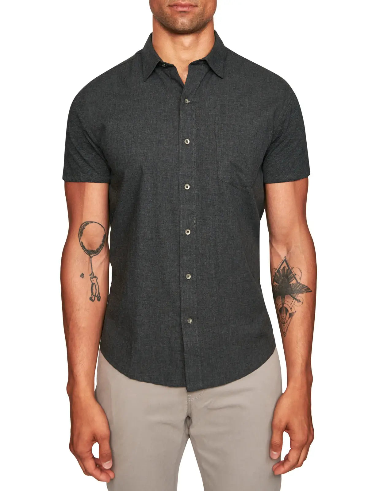 W.R.K., W.R.K Reworked Heather Charcoal Short Sleeve Shirt, Grey, Large-44-TagL