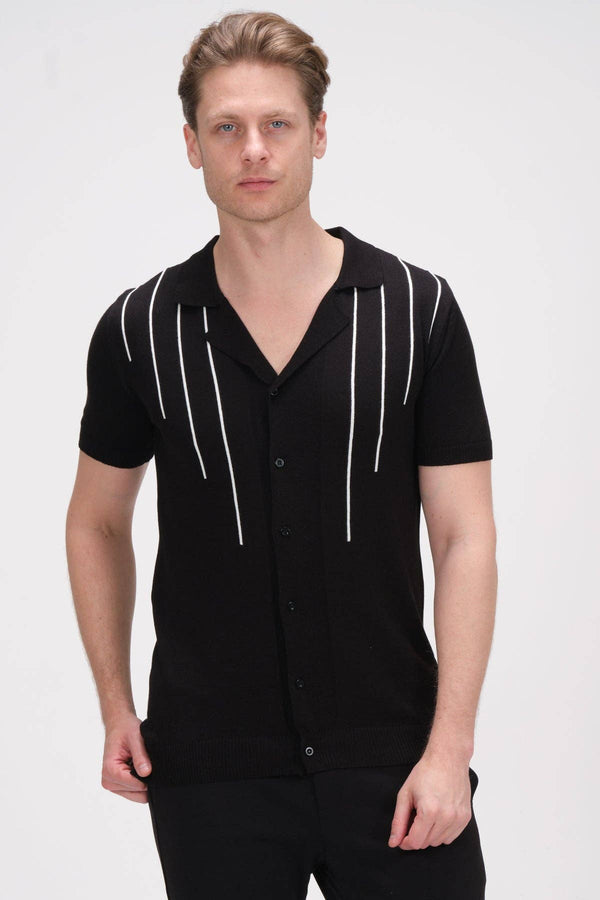 RNT 23 Black Camp Collar With White Line Detail Short Sleeve Knit Button Up
