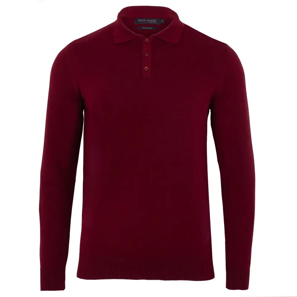 Faire,Paul James, Paul James Burgundy Knit Button Up Longsleeve Polo, Red, Medium-42-TagL