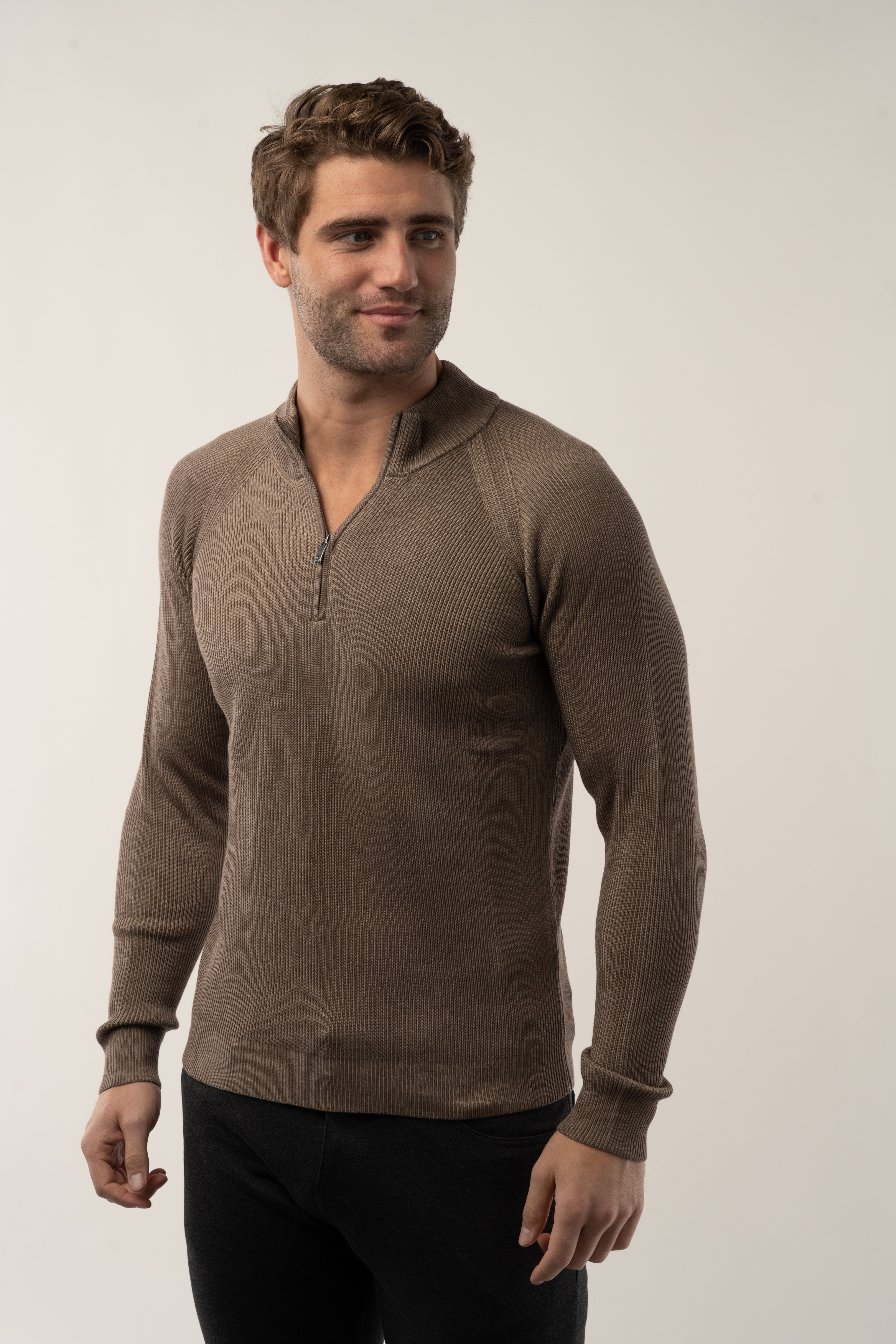 Wholesale,Luchiano Visconti, Luchiano Visconti Tan Quarter Zip Rib Long Sleeve Pullover, Tan, Extra Large-47-TagXL