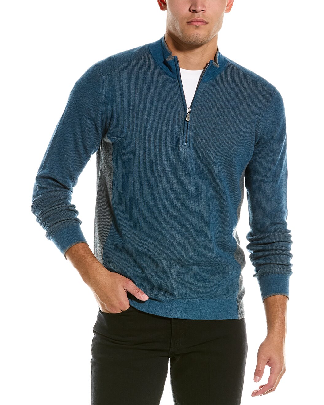 Other,Raffi, Raffi Blue/Grey Vanise Rib Mock 1/4-Zip Pullover, Blue, Extra Large-50-TagXXL