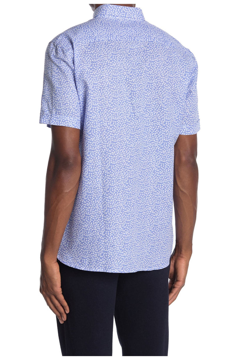 Toscano Blue Mini Floral Print Linen Blend Short Sleeve Button Up Shirt