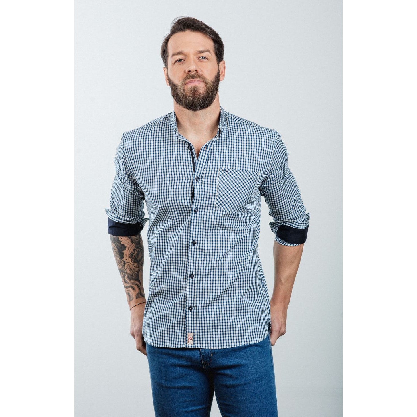 Faire,Yellow Skin, Yellow Skin Blue Mini Check Button Down Shirt, Blue, Small-41-TagS