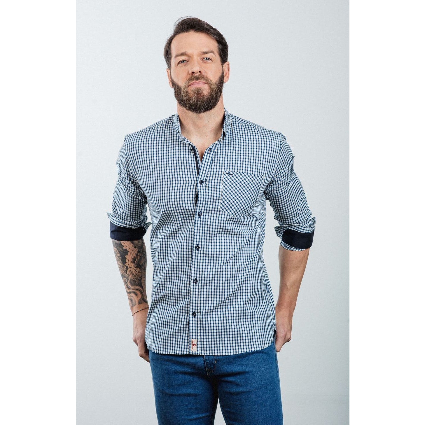 Faire,Yellow Skin, Yellow Skin Blue Mini Check Button Down Shirt, Blue, Small-41-TagS