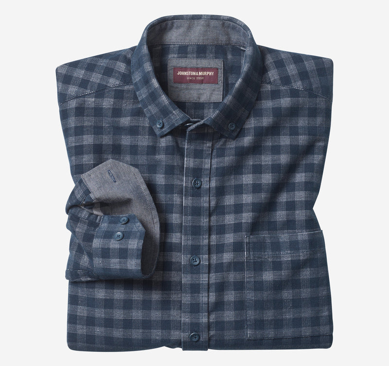 Johnston & Murphy Navy Gingham Corduroy Long Sleeve Button Up Shirt