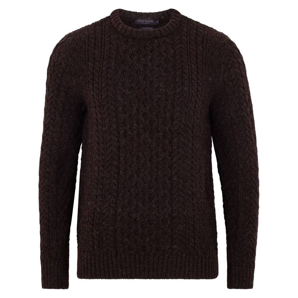 Faire,Paul James, Paul James Brown British Wool Cable Sweater, Brown, Extra Small-36-