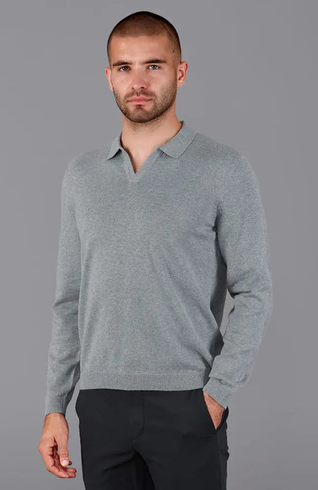 Faire,Paul James, Paul James Grey Buttonless Knit Longsleeve Polo, GreyBlue, Extra Extra Large-50-TagXXLMedium-41-TagMSmall-40-TagS