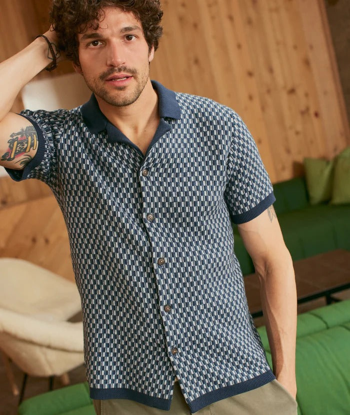Wholesale,Marine Layer, Marine Layer Blue Geo Short Sleeve Heavy Knit Button Down, Blue, Extra Large-49-TagXL