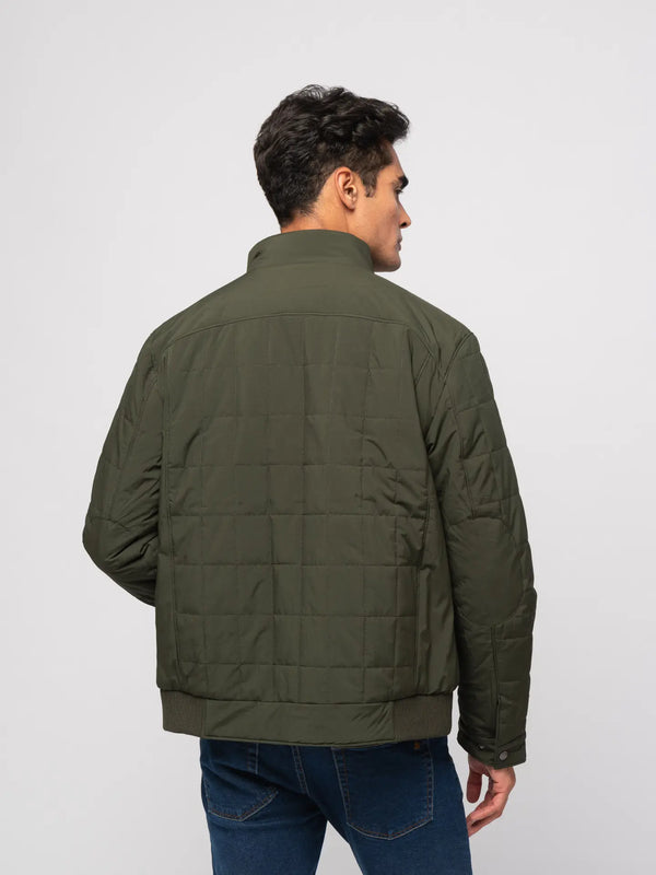 SMF Dark Green Quilted Grid Puffer Zip Up Jacket With Four Front Pockets