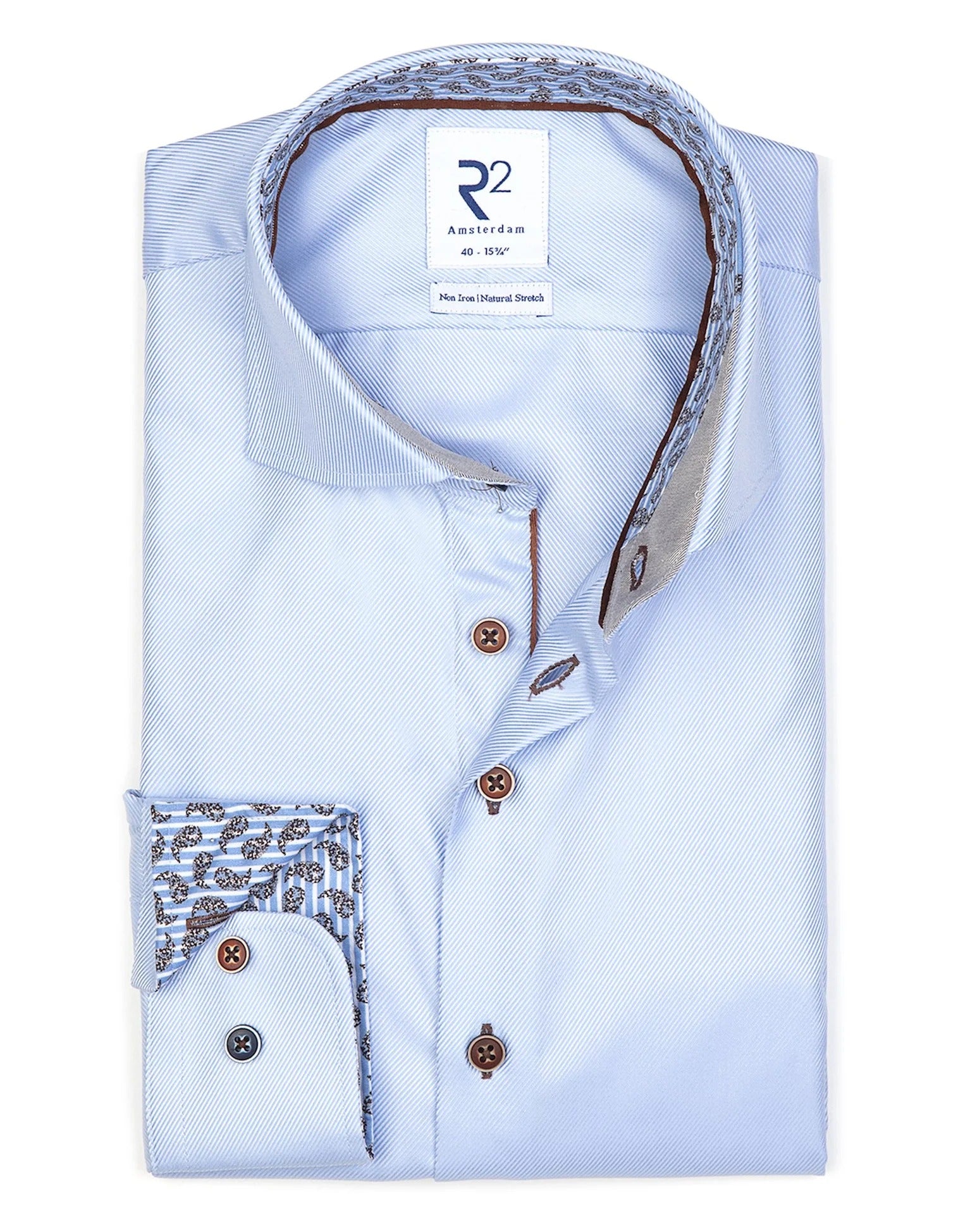 Brand Partner,R2 Amsterdam, R2 Amsterdam Light Blue Twill Long Sleeve Button Up Shirt with Paisley Print Contrast, , 