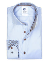 R2 Amsterdam Light Blue Twill Long Sleeve Button Up Shirt with Paisley Print Contrast