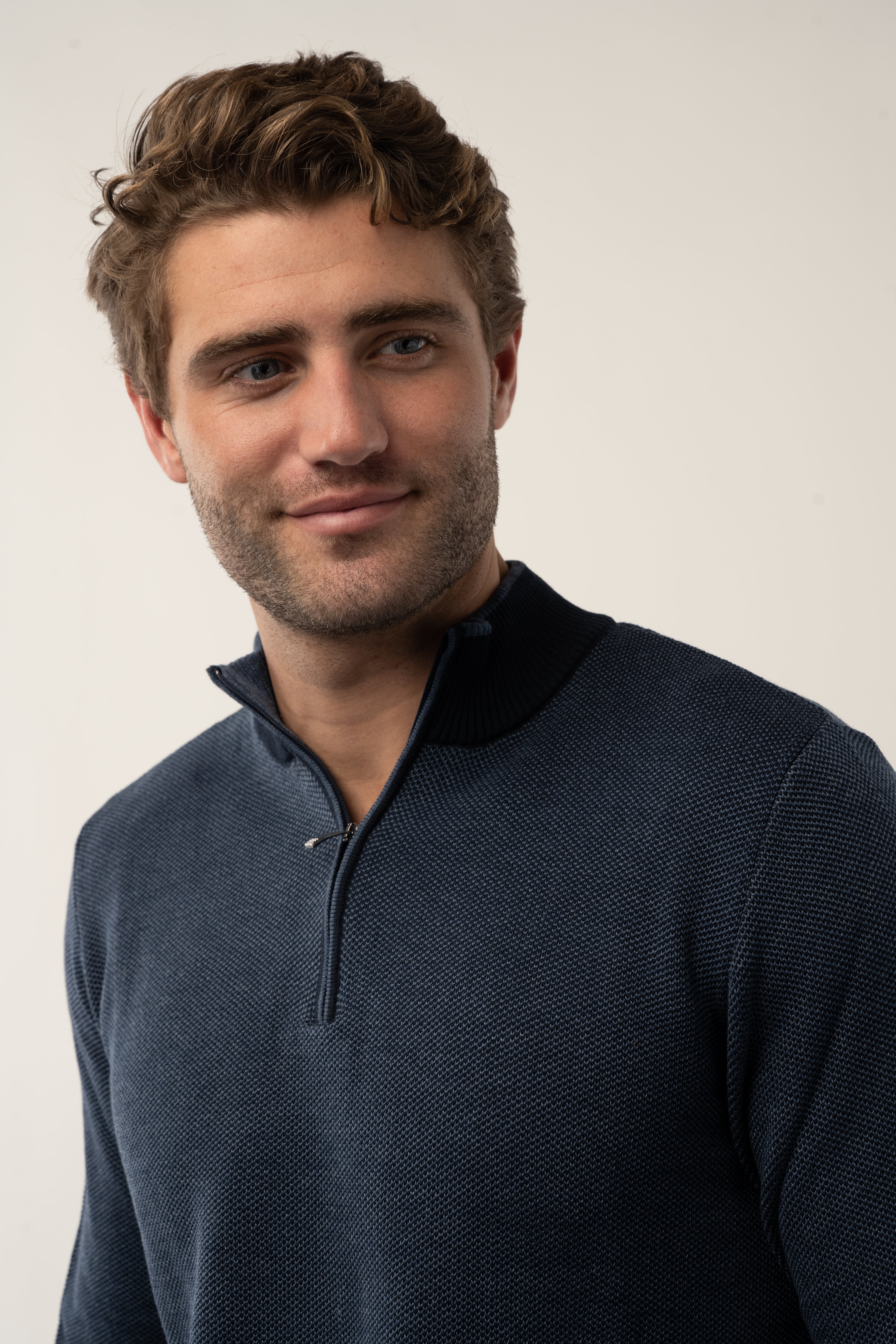 Faire,Eight X, Luchiano Visconti Navy Birdseye Quarter Zip Long Sleeve Sweater, Blue, Extra Extra Large-48-TagXXLExtra Large-47-TagXLLarge-44-TagLMedium-42-TagMMedium-44-TagM