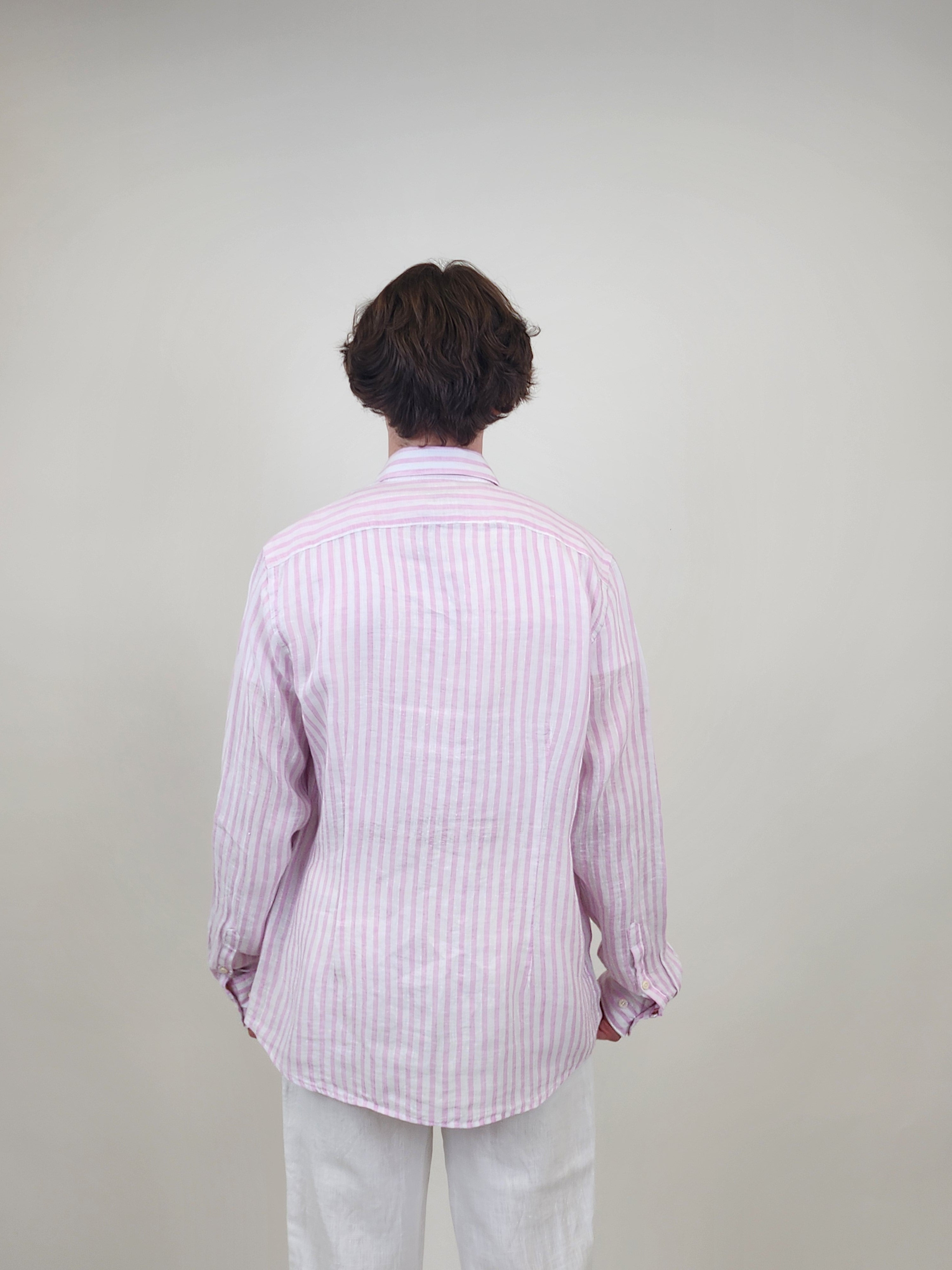 Brand Partner,R2 Amsterdam, R2 Amsterdam Light Pink Stripe Linen Long Sleeve Shirt, Pink, Large-46-TagL