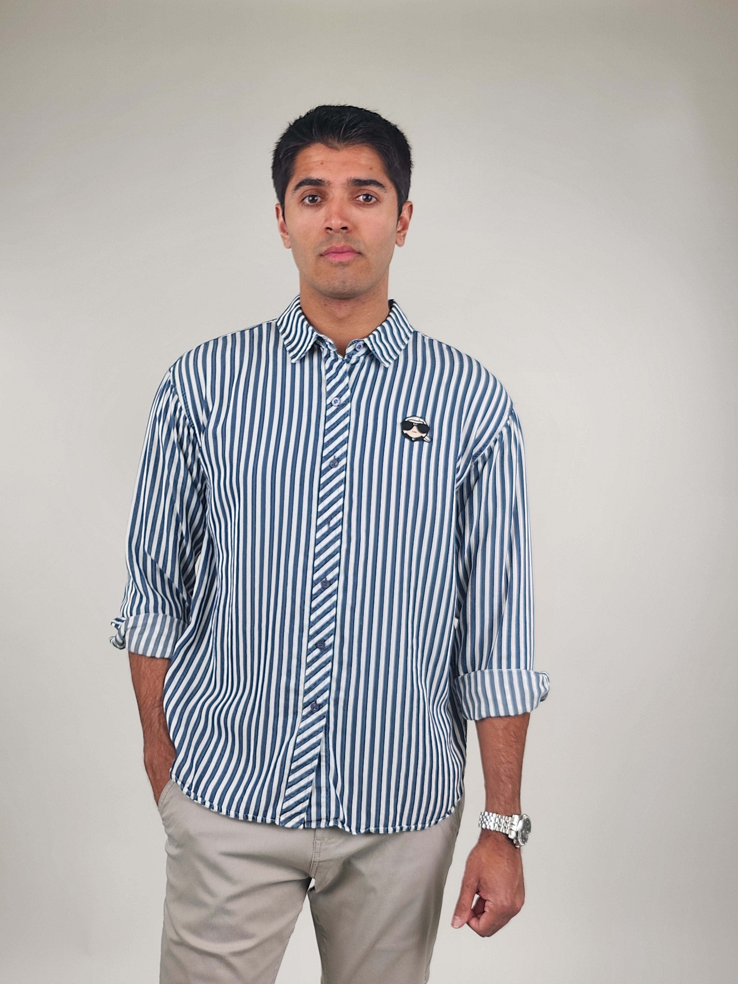 Other,Karl Lagerfeld, Karl Lagerfeld Navy/White Stripe Logo Long Sleeve Shirt, Blue, Medium-43-TagM