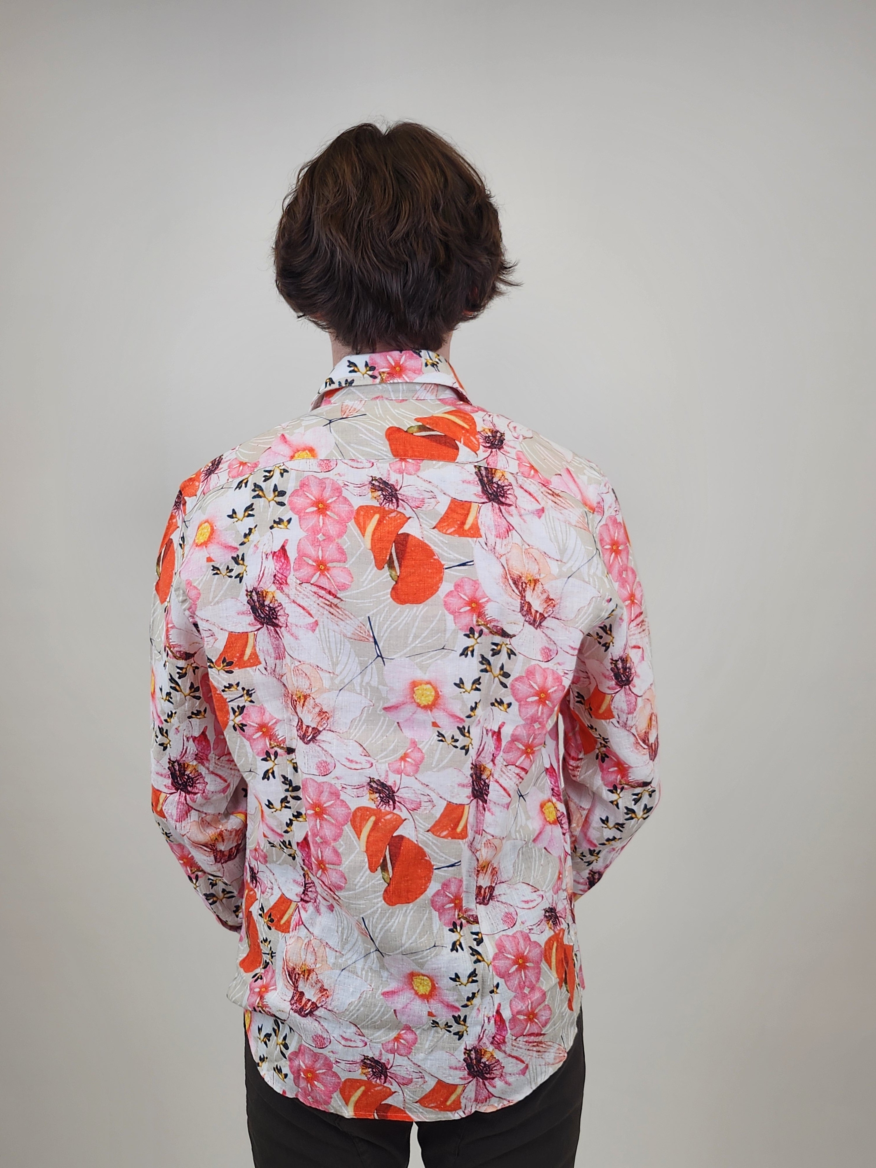 Brand Partner,R2 Amsterdam, R2 Amsterdam Vivid Orange Tropical Print Linen Shirt, Orange, Large-46-TagL
