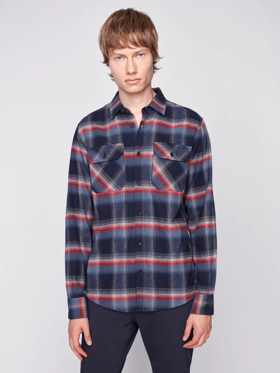 Wholesale,Projek Raw, Projek Raw Slate Blue Brushed Flannel Plaid Long Sleeve Plaid Shirt, Blue, Extra Extra Large-52-TagXXL