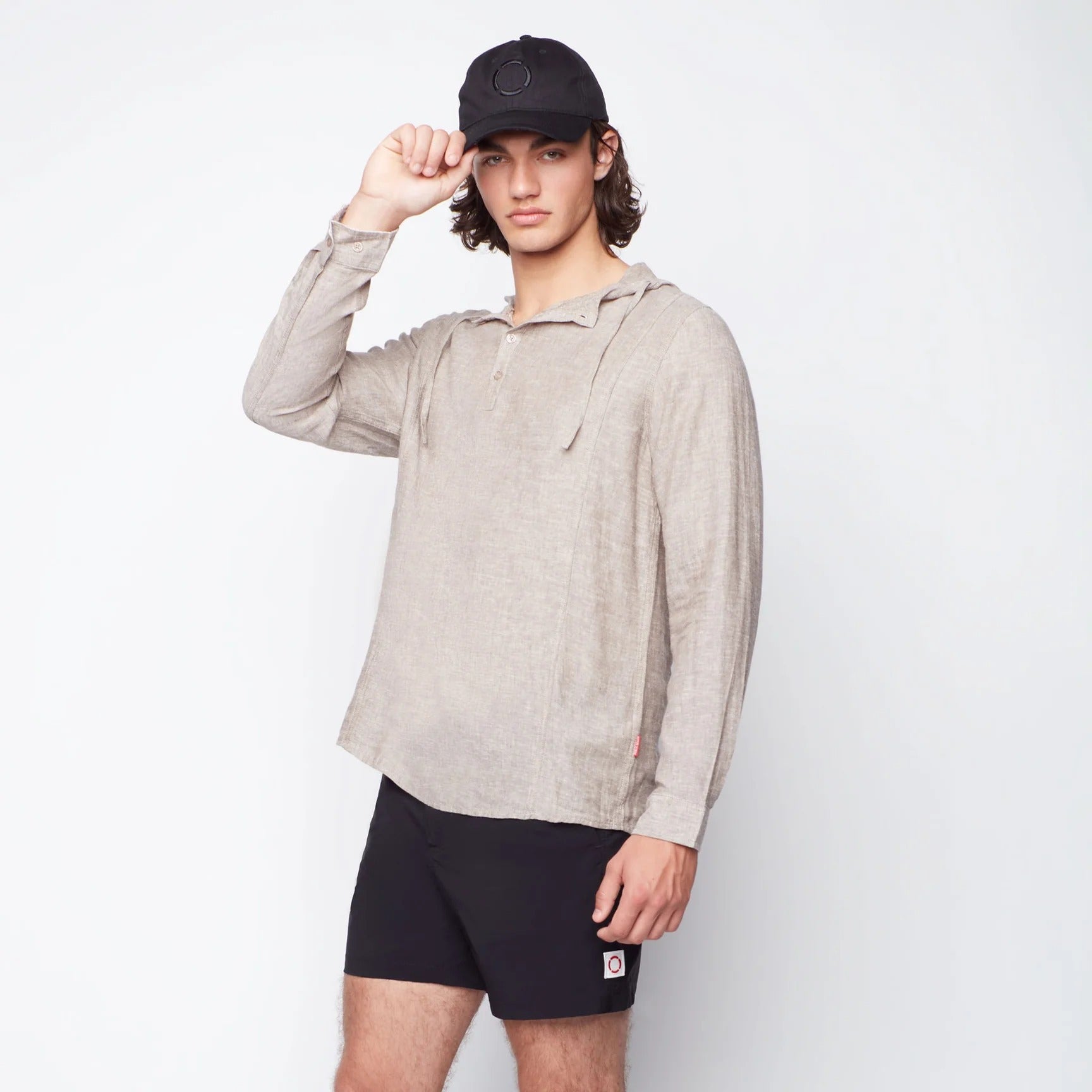 Wholesale,Public Beach, Public Beach Tan Linen Blend Long Sleeve Shirt with Hood, Tan, Medium-44-TagMLarge-46-TagLExtra Large-50-TagXLExtra Extra Large-52-TagXXL