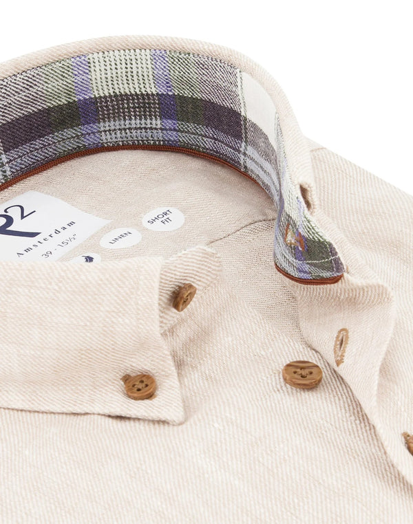 R2 Amsterdam Beige Linen Long Sleeve Shirt with Checkered contrast