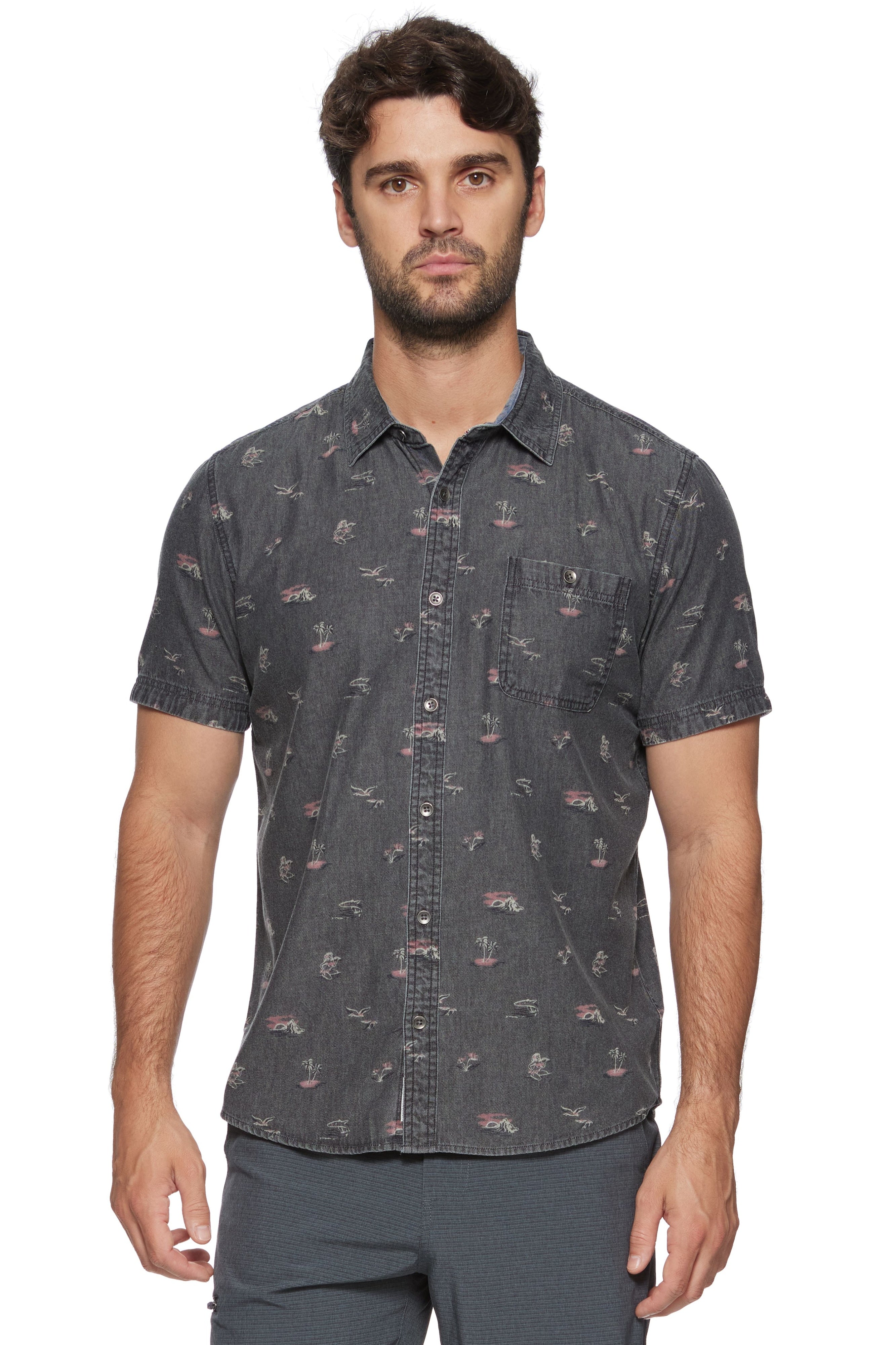 Wholesale,Flag & Anthem, Flag & Anthem Charcoal Kempner Vintage Wash Hula Print Short Sleeve Shirt, Grey, Large-48-TagLExtra Extra Large-56-TagXXLSmall-42-TagSExtra Large-52-TagXLMedium-44-TagM
