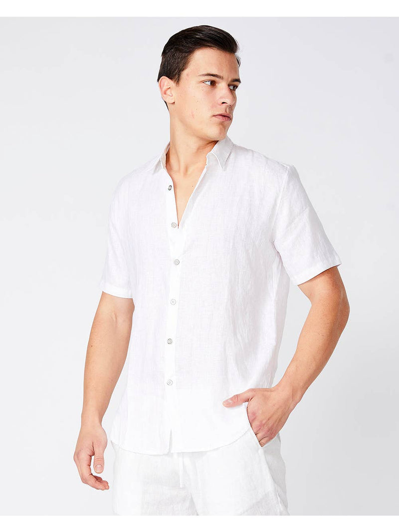 Merlino Street White Linen Short Sleeve Button Shirt