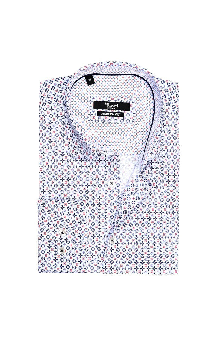 Mizumi White/Navy Geo Print Long Sleeve Button Up Shirt