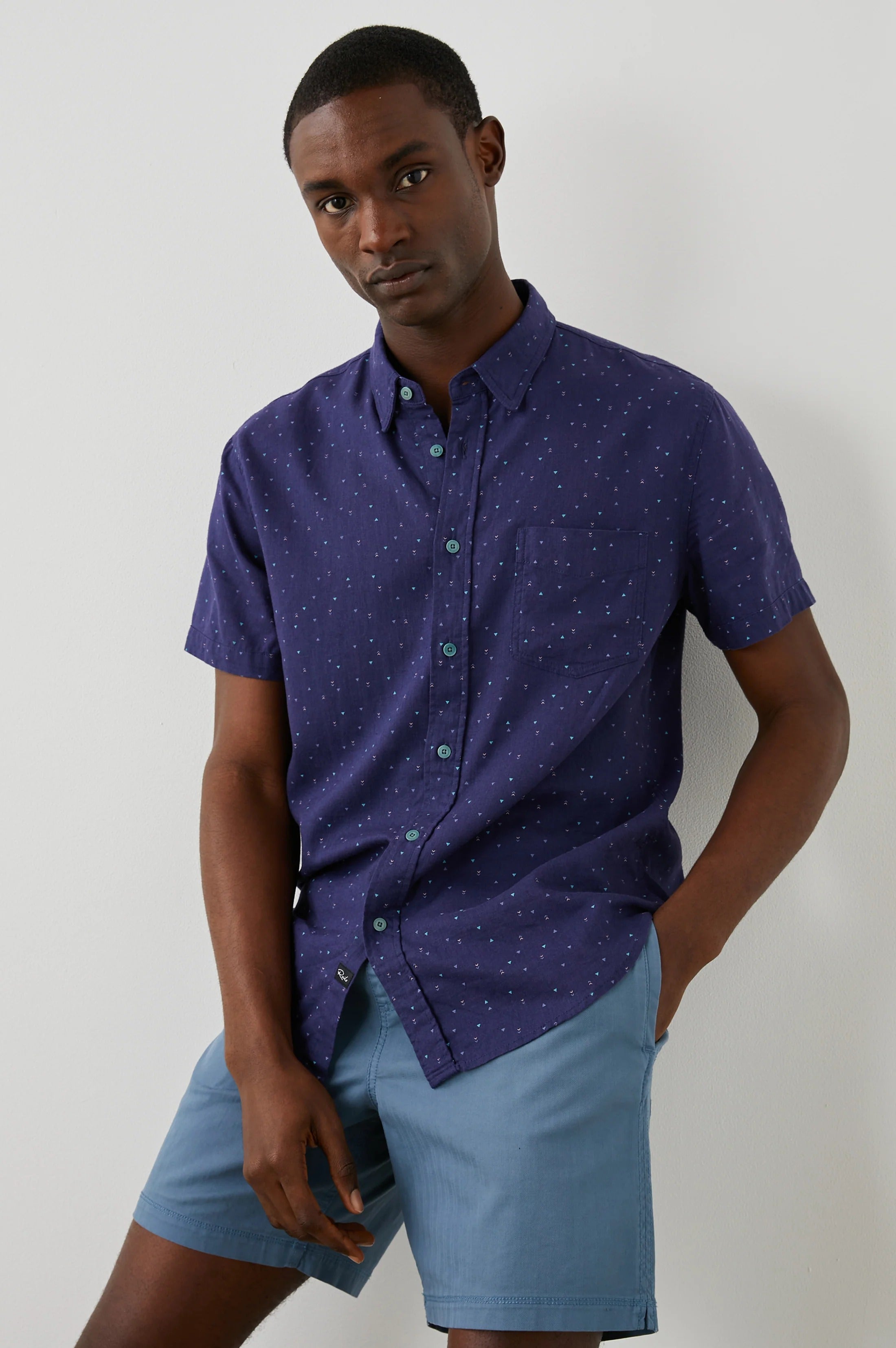 Wholesale,Rails, Rails Navy Triangle Print Short Sleeve Button Up Shirt, Blue, Large-46-TagL
