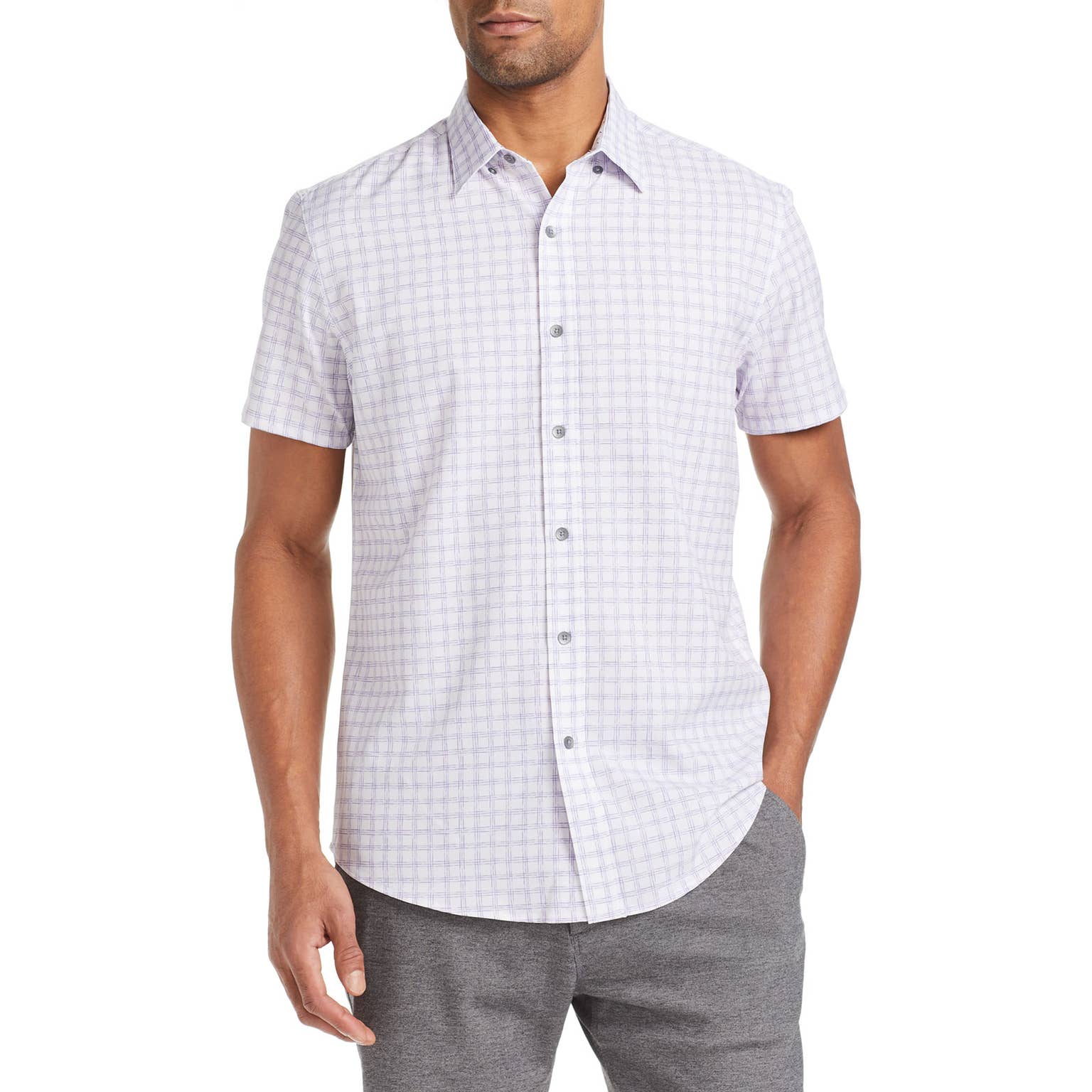 Faire,W.R.K., W.R.K Purple Window Pane Print 4-Way Stretch White Short Sleeve Button Up Shirt, White, Large-44-TagL