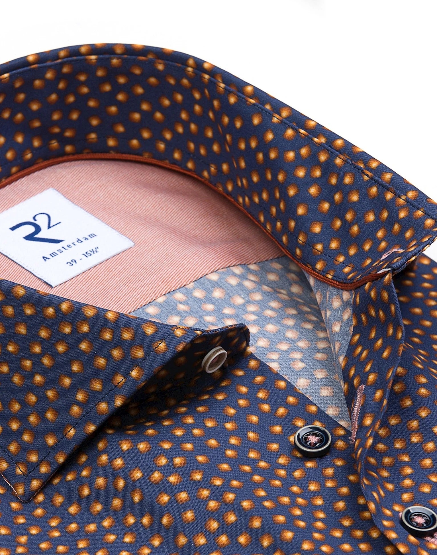 Brand Partner,R2 Amsterdam, R2 Amsterdam Navy Lantern Print Long Sleeve Button Up Shirt, Blue, Large-46-Tag42Extra Large-50-Tag44