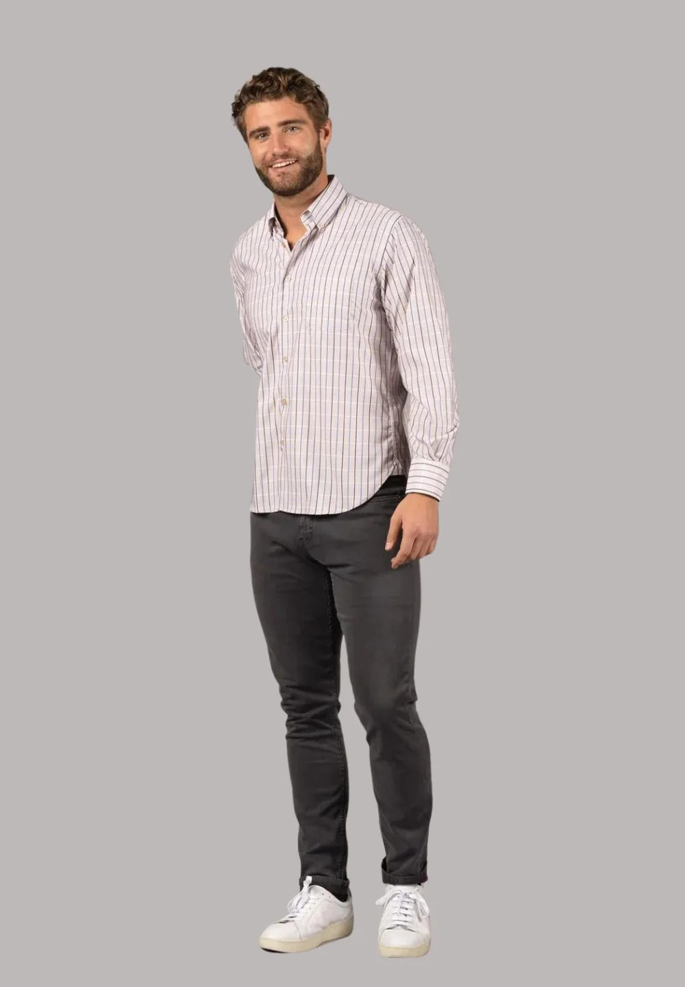 Wholesale,American Heritage, American Heritage Beige/Blue Check Performance Stretch Shirt, Tan, Small-42-TagSMedium-44-TagM