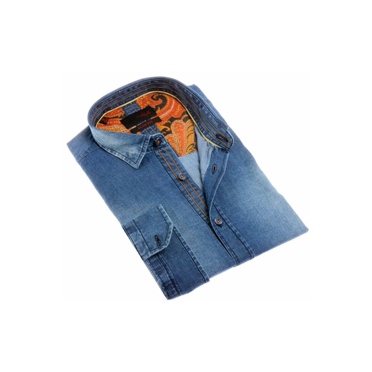 Faire,Eight X, Eight X Blue Denim Print Slim Fit Long Sleeve Button Up, Blue, Medium-42-TagL