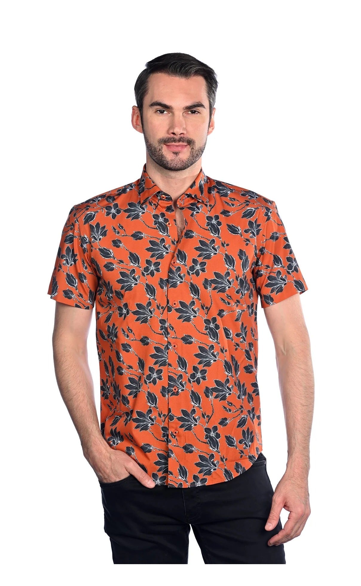 Wholesale,Mizumi, Mizumi Cinnamon/Black Floral Print Short Sleeve Button Up Shirt, Orange, Extra Extra Large-50-TagXXLExtra Large-48-TagXLLarge-45-TagLMedium-42-TagM