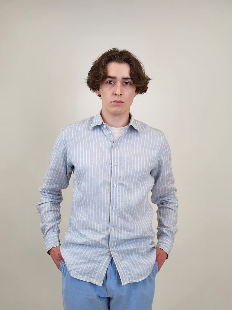 R2 Amsterdam Light Blue Stripe Linen Long Sleeve Shirt