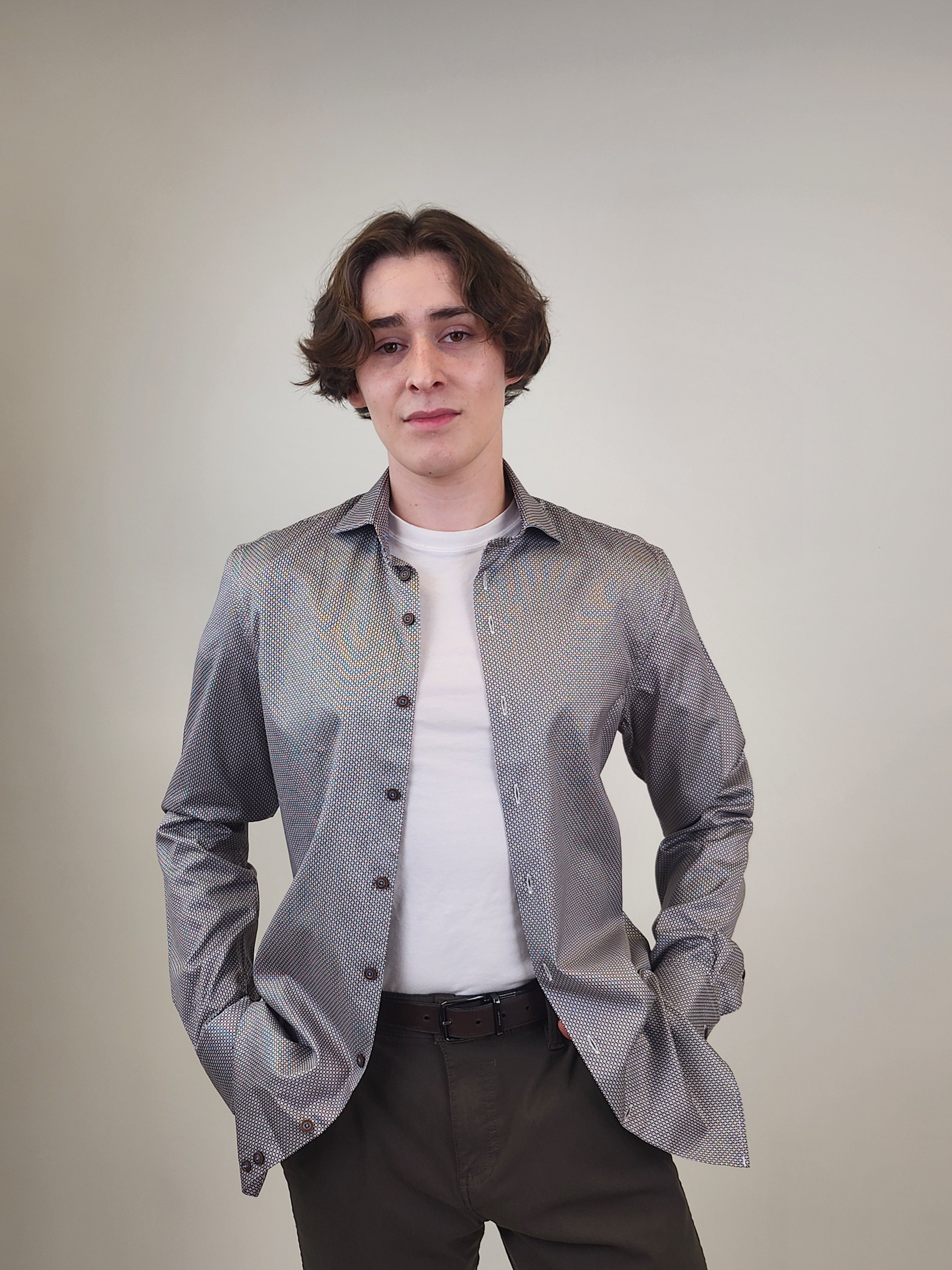 Brand Partner,R2 Amsterdam, R2 Amsterdam Brown Geo Stretch Shirt, Brown, Medium-41-Tag39